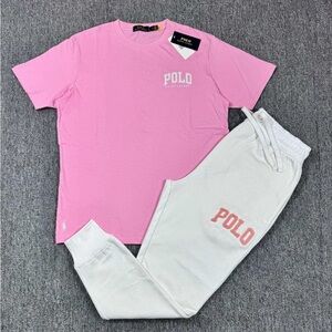 ****NEW!!!***Pink Polo T-Shirt and White Sweatpants Set